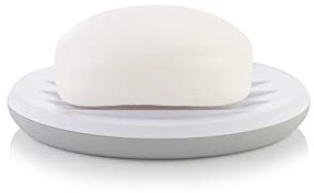 Minky Bathroom Soap Dish, Hand Soap Dish With Raised Ridges, Oval Shaped, Stylish & Practical Bathroom Accessory, White & Light Grey, Made in the UK (1)