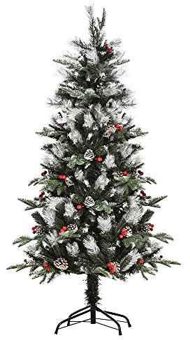 HOMCOM Árbol de Navidad Artificial 150 cm con 440 Ramas 39 Piñas y 39 Bayas Hojas de Plástico PE Base de Soporte Plegable Metálica Decoración Navideña para Interiores Verde