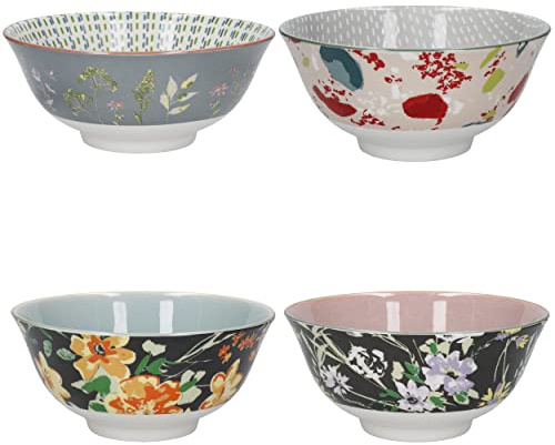 KitchenCraft Glazed Stoneware Bowl Set of 4, Boho Floral, 15.5 x 7.5cm, Gift Boxed, Green,Grey,Orange,Pink
