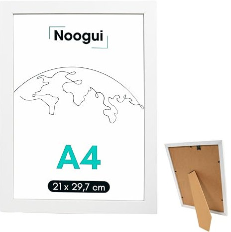 NOOGUI - Marco A4 - Madera Blanco - 21x30 Cm - Frontal Antirreflejo - Ideal para Cuadros, Diplomas, Certificados, Posters o Puzzles - Posición en Vertical u Horizontal - Fácil de Limpiar