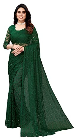 IMTRA FASHION Designer Net Saree for Women Indian Floral Sari with Blouse Green (ABIRA GREEN) L