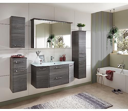 Lomadox Badmöbel Set mit Glaswaschtisch und LED Spiegelschrank in Graphit Struktur quer Nb., ca. B/H/T: 215/195/48 cm
