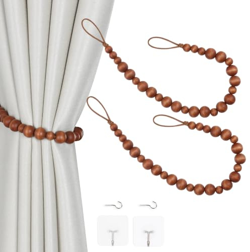 OCIOLI 2 Pieces Curtain Tieback Wood Bead Curtain Tiebacks Curtain Holdbacks for Wall Curtain Ties Window Treatment Curtain Tie Backs with Hooks Curtain Pull Backs (Coffee,2) C-1