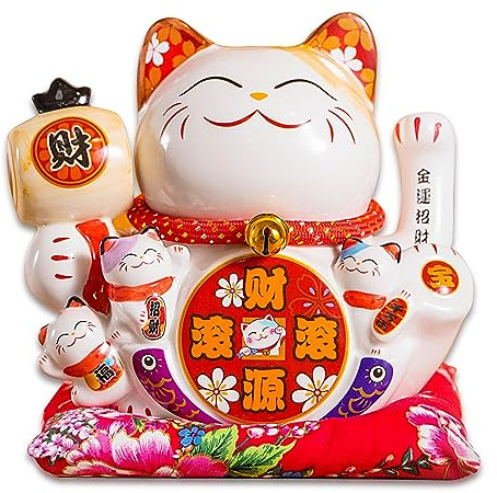 Mose Cafolo Large Ceramic Maneki Neko Beckoning Lucky Money Cat Waving Arm Good Feng Shui Fortune Happy Smiling Cat Figure 招財貓-財源滾滾（Abundant Wealth）