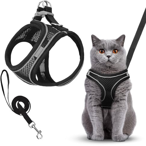 Adjustable Cat Harness and Lead Set, Black Reflective Soft Mesh No Pull Cat Harness, Faux Suede Escape Proof Kitten Vest Harness, Breathable Puppy Harness for Outdoor Walks (XXS)