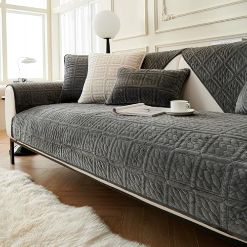 Sofföverdrag i mjölksammet, universellt, för 1-/2-/3-sitsiga soffor, hörnsoffor/L-formade soffor, möbelskydd för vardagsrum (mörkgrått, 90 x 180 cm, soffkuddsöverdrag)