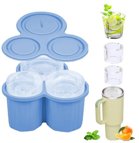 Molde de Silicona para Cubitos de Hielo Stanley, 3 en 1 Cubiteras para Hielo Silicona con Tapa para Taza de 20-40oz, Reutilizable Cubitera Silicona para Bebida Helada Jugo Cóctel (Azul)