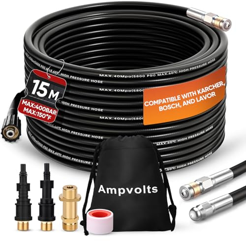 Ampvolts 15m sonda sturatubi per idropulitrice - 400 Bar/5800 PSI, Sonda Spurgatubi Compatibile con Karcher K2-K7, Lavor, Bosch Professional - Per una Pulizia Facile di Tubi e Lavandini Intasati