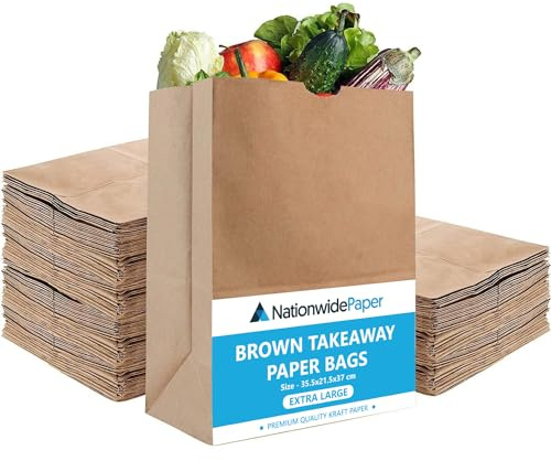 Nationwide Paper 500 pcs Extra Large Brown Paper Bags No Handles Strong Takeaway Kraft Paper Bags for Grocery, Fruits, Snacks, Lunch, Birthday, Wedding, Supplier, and Vegetables (35.5x21.5x37cm)
