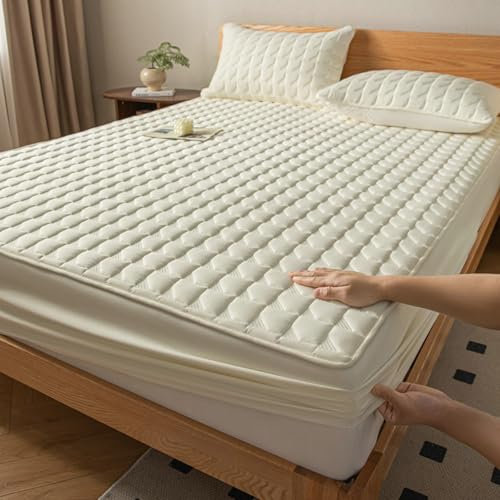 Spannbettlaken 135x200cm Baumwolle Polyester Matratzenhöhe bis 28cm, Spannbetttücher Einfarbig Cremeweiß Wasserdicht Bettlaken Boxspringbett 3D Muster