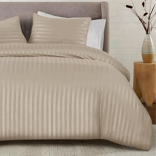 SSW HOMES Beige King Duvet Cover Set - Soft Easy Care Brushed Microfiber Satin Stripe Bedding Set - Hotel Quality Hypoallergenic Shrinkage and Fade Resistant Cover With 2 Striped Pillowcases
