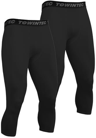 Towintec 3/4 kompressionsleggings herr basket tights coola skinnbyxor torr passform atletisk baslager underkläder kompression underdel träning sportbyxor löpning yoga gym, Svart+Svart, L