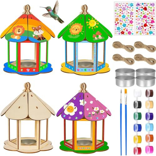 HOSSOM Vogelhaus Bausatz Kinder，4 Stück Holz Vogelfutterhaus Bastelset, Bastelsets für Kinder, Kunst Handwerk Geburtstagsparty Spielzeug Geschenk für Jungen Mädchen 6 8 9 10 Jahre