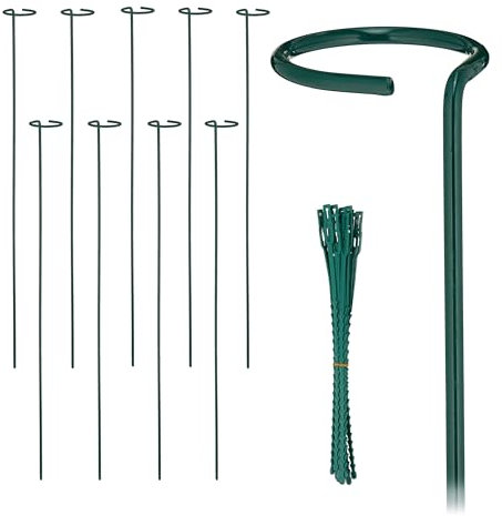 Relaxdays Supporto per Piante Rampicanti, Set 10 Sostegni Piantine, Anello e Legacci per Rose, Fiori, 80 cm, Verde Scuro