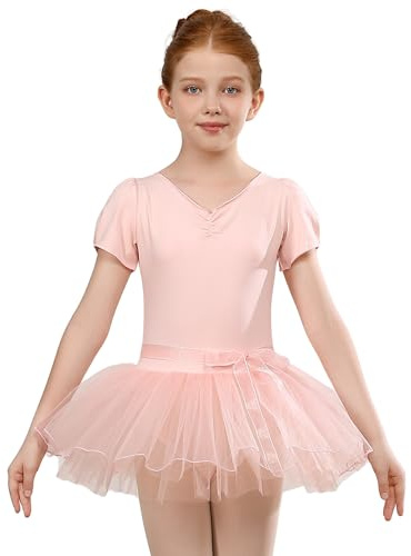 HIPPOSEUS Maillot de Danza para Niñas Tutú Vestido de Ballet con Cinturón Manga Corta Gimnasia Leotardos, STD1-Rosa,6-8 Años