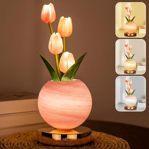 Wekity Lámparas de flores de tulipán, 3 colores regulables, luz nocturna de planeta, recargable, inalámbrica, tulipán, pequeña lámpara de mesa para decoración del hogar (rosa)