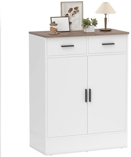 HOMCOM Credenza Cucina con 2 Cassetti e Armadietto 2 Ante, Mobile Cucina Moderno con Ripiano Regolabile, Credenza Buffet per Soggiorno, Sala da Pranzo e Salotto, 68.6x35x90.3 cm, Bianco e Marrone