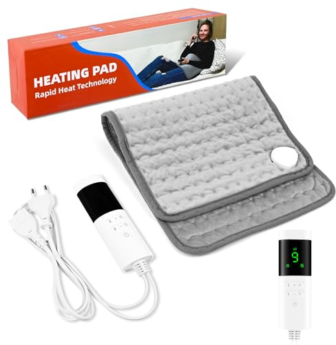 PATEMZON Manta Eléctrica, Almohadilla Térmica con 9 Ajustes de Calor y 4 Temporizador, Lavable a Máquina, Almohadilla Eléctrica para Espalda, Cuello, Hombros, Estómago, Pantalla LED, Gris, 30x60cm