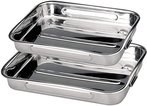 MGE - Set di 2 Teglie da Forno con Rivestimento Antiaderente - Lasagnera - Rostiera Rettangolare in Acciaio Inox
