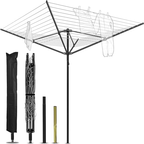 Nisorpa Outdoor Umbrella Drying Rack,12 Lines with 165 Feet Umbrella Clothesline Outdoor Dryer Clothes Line, 4 Arm Steel Frame Adjustable Height Retracting Collapsible Clothes Drying Rack for Backyard