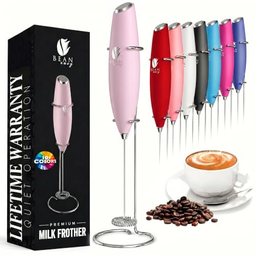 Bean Envy Milk Frother for Coffee - Handheld, Mini Electric Drink Mixer, Foamer & Frother with Stand for Coffee, Lattes, Hot Chocolates and Shakes - Pink