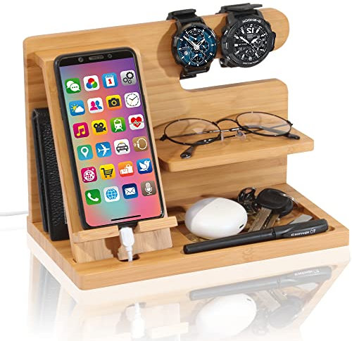Docking station per telefono cellulare in legno di cenere portachiavi titolare orologio supporto occhiali borsa organizer comodino uomo marito moglie anniversario papà compleanno regalo padre maschio
