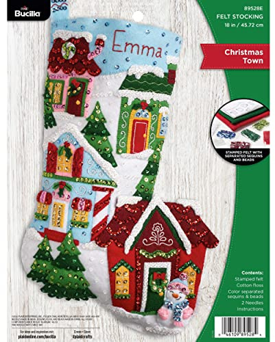 Bucilla Felt Applique 18 Stocking Making Kit, Christmas Town, Perfect for DIY Arts and Crafts, 89528E