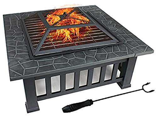 Puits de feu 32 Pouces, Table de cheminée carrée en métal avec écran Anti-étincelles, tisonnier, Couverture imperméable pour Pique-Nique, Camp, feu de Camp, Barbecue, Patio
