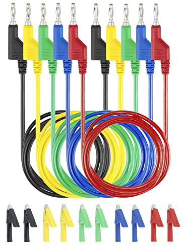 QWORK 5 Piezas Cables de Multímetro de Banana Puntas 4m con 10 Pinzas de Cocodrilo - 1000V 19A - para Multimetros Electricistas Laboratorio
