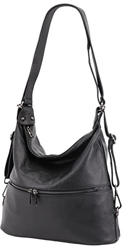 SH Leder 2in1 Handtasche Rucksack Damen Schultertasche DayPack CityRucksack aus Echt genarbt Leder (B 33cm x H 32cm xT 12,5cm) Bina G677 (Schwarz)