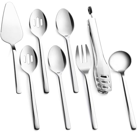 KINGSTONE Large Hostess Serving Utensils Set, 18/10 Stainless Steel Heavy Duty 10-inch Serving Utensils, Slotted Spoons, Forks, Tongs, Cake Pie Server for Buffet, Wedding, Party