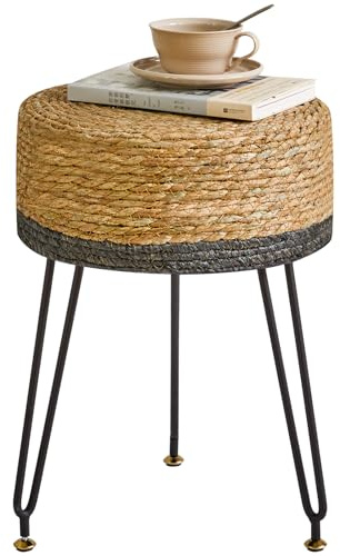 YMYNY Sitzhocker, Ottoman, Fußhocker aus Natürliches Seegras und Metallbein, in ländlichen Stil, Handgefertigt, für Schlafzimmer Wohnzimmer 32×32×45CM Natürliche Farbe & Schwarz HBD029B