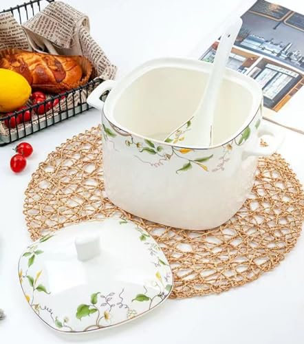 Soupière de service en porcelaine anglaise avec couvercle et louche, grand bol de service en céramique de 3 000 ml avec couvercle pour fêtes, manger, divertissement, décoration d'intérieur, passe au