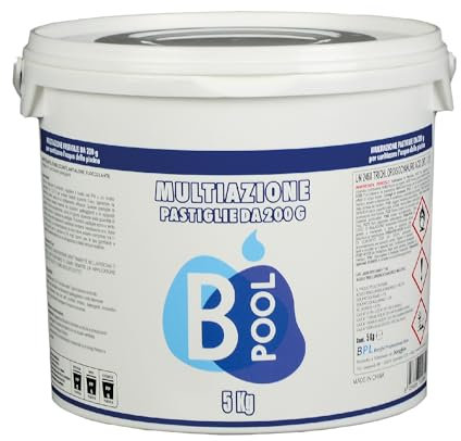 B POOL Multiazione 200 GR. Pastiglie ad azione Sanitizzante, Stabilizzante, Antialghe, Flocculante per il trattamento dell'acqua della tua piscina. Formato da 5 Kg