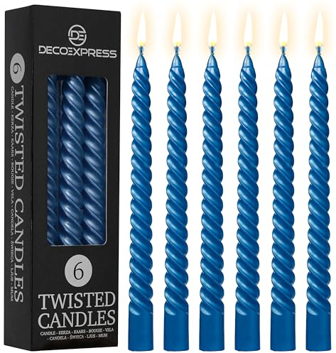DECO EXPRESS Candles, Pack of 6 Dinner Candles, Non Drip Twisted & Non Scented, Long 6 Hours Burning Time, Cosy Home Decor, Valentine’s Day & Mother’s Day Gifts (Metallic Blue, Pack of 6)