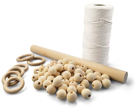 Netuno Set macramé Principiantes con Instrucciones Cuerda algodón Blanco Natural Anillas y Cuentas Madera Barra decoración Pared Colgante Plantas Estilo Boho Bricolaje Manualidades