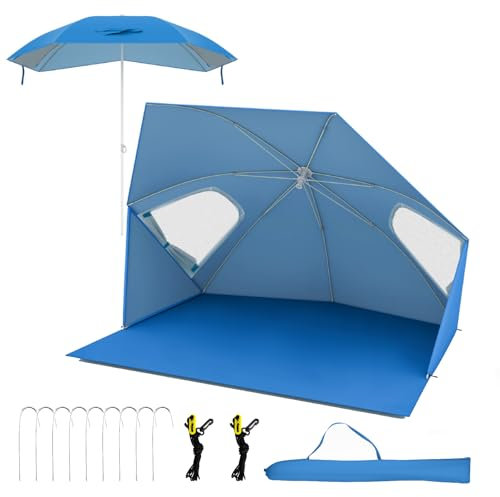 COSTWAY Sun Umbrella, 2-in-1 Convertible Beach Tent with Roll-Up Windows, Dual Side Flaps, Groundsheet and Carry Bag, UPF 50+ Beach Parasol Shade Shelter for Camping, Picnic & Sports Events