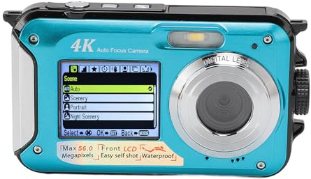 Fotocamera Impermeabile 4K, Fotocamera Digitale Impermeabile da 10 Piedi con Zoom Digitale 16X Messa a Fuoco Automatica, Fotocamere Subacquee a Doppio Schermo da 56 MP per (BLUE)