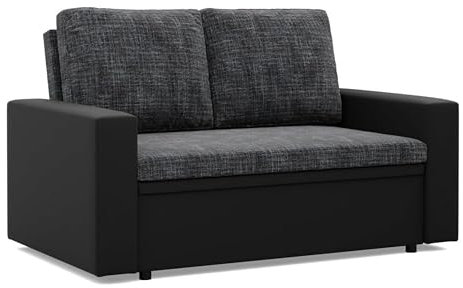 Mebligo - Zweisitzer Sofa Wohnzimmer mit Schlaffunktion, Bettkasten und Kunsteleder 148x90x87 (BxHxT) Dunkelgrau und Schwarz Luna, Schlafsofa Platzsparend, Schlafcouch, Sofabett, Sofa Bed, Bettsofa