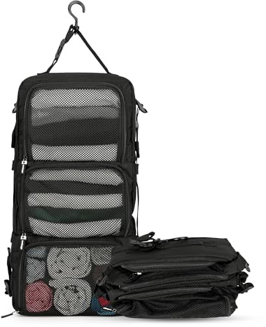 NUMBSUGAR Hängende Packwürfel aus recycelten Plastikflaschen | Travel Organizer für Rucksack | Hanging Packing Cube | Tragbare Reiseregale in Schwarz