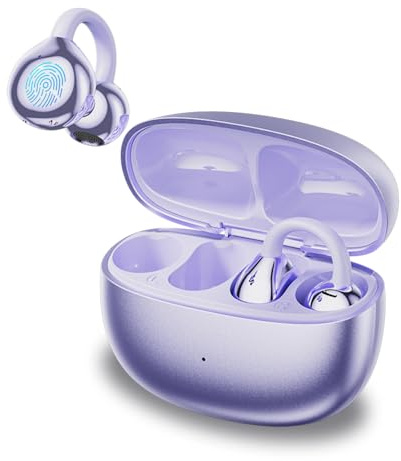 Open Ear Clip Headphones, Wireless Earbuds Bluetooth 5.4 The Over Ear Buds Earphones Built-in Mic with Ear Hooks, 36H Playtime,for iOS and Android (Purple)