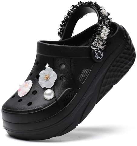 SECHRITE Sabots à Plateforme pour Femme – Sangle de Talon en Tweed – Chaussures décontractées Confortables à Enfiler pour Femme – Mules et Sabots Tendance – Semelles intérieures Amovibles, Noir, 36