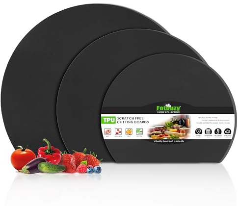 Fotouzy TPU Silicone Cutting Boards for Kitchen, Thick Rubber Flexible Cutting Board Mats, Black Cutting Mats Nonslip, Half Round Cutting Mat for Kitchen Dishwasher Safe, BPA Free, Multi Sizes 3 Pcs