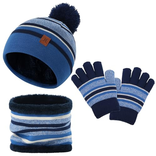 LACOFIA 3 Piezas Conjunto de Gorro Bufanda Guantes Invierno para Niños Beanie Punto con Pompon Sombrero Forro Polar Térmico para Niños 2-7 Años Azul