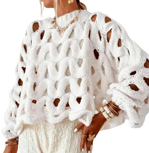 Yimoon Women's Crochet Sweater Hollow Out Oversized Sweater(White-S)