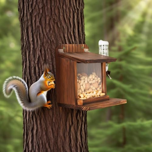 Comederos de Ardillas para Exteriores - Caja de alimentación de Madera para Ardillas listadas, casa de Montaje en jardín | Estación de alimentación para Colgar en la Pared con Botella de Agua, Comida