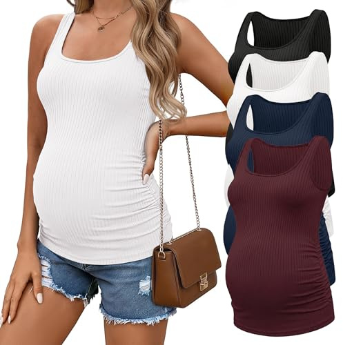 Ekouaer 4 Pack Maternity Tank Tops Ribbed Summer Pregnancy Shirts Ruch Side Tops Casual Square Neck Postpartum Clothes Black/Dark Red/Navy Blue/White M