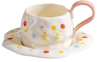 OHAANYY Handmålad keramisk kaffekopp med tefat, 250 ml oregelbunden form blommor tekopp, koreansk stil cappuccino-latte kopp-set 1 kopp och 1 fat (PINK) | Handmålat porslinsset i oregelbunden form, 250 ml mugg för cappuccino och latte, koreansk stil, handgjord gåva