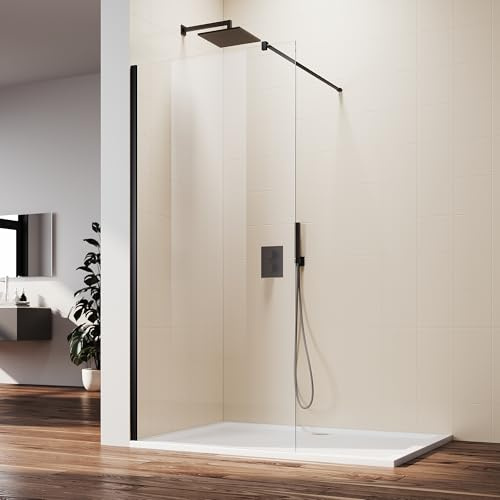 SUNNY SHOWER 32 W x 74 H Walk In Shower Door 5/16 Tempered Shower Glass Door Frameless Shower Glass Door with Support Bar, Matte Black Finish