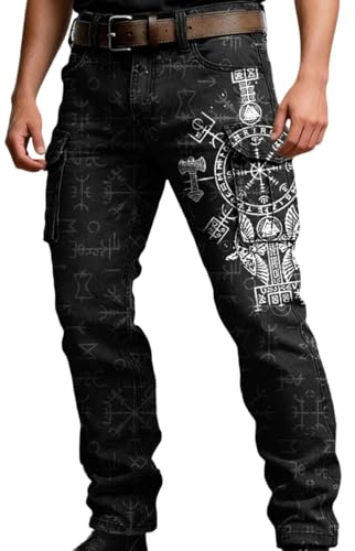 Jean homme Slim Fit, style rétro viking, cargo avec plusieurs poches, pantalon de sport en plein air, pantalon tactique, jean déchiré tube, Distressed Destroyed, jean stretch Hip Hop Denim, O Noir., M
